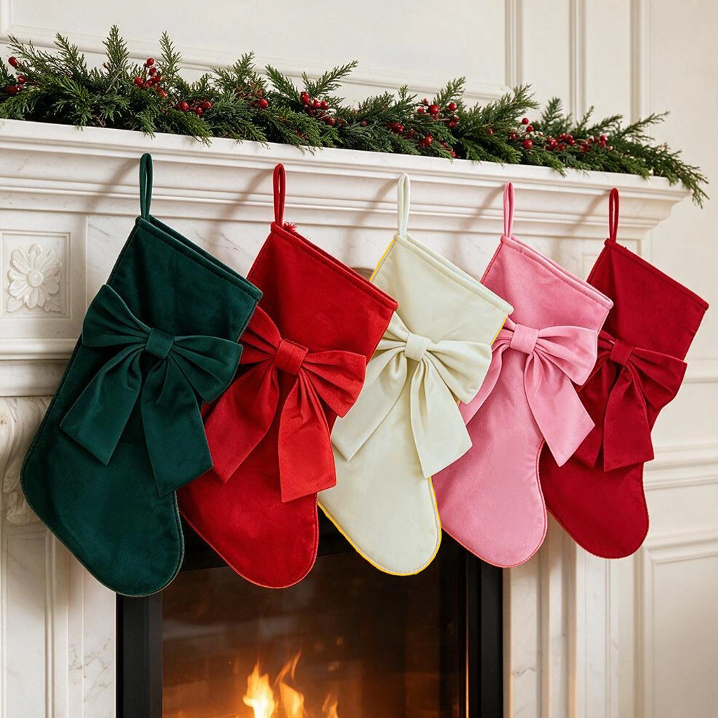 Christmas Stocking Hanging - ถุงเท้าคริสต์มาส 1 ชิ้น, ถุงของขวัญพร้อมโบว์, ของตกแต่งแขวนเตาผิงคริสต์มาส, ถุงใส่ขนมทำจากผ้าฟลานเนล